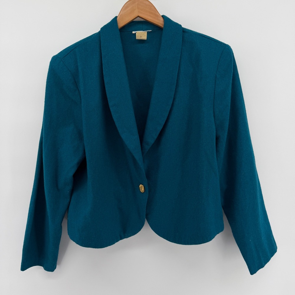 Vintage Teal Wool Blend Shawl Collar Blazer Gold Button Cropped Jacket USA Made